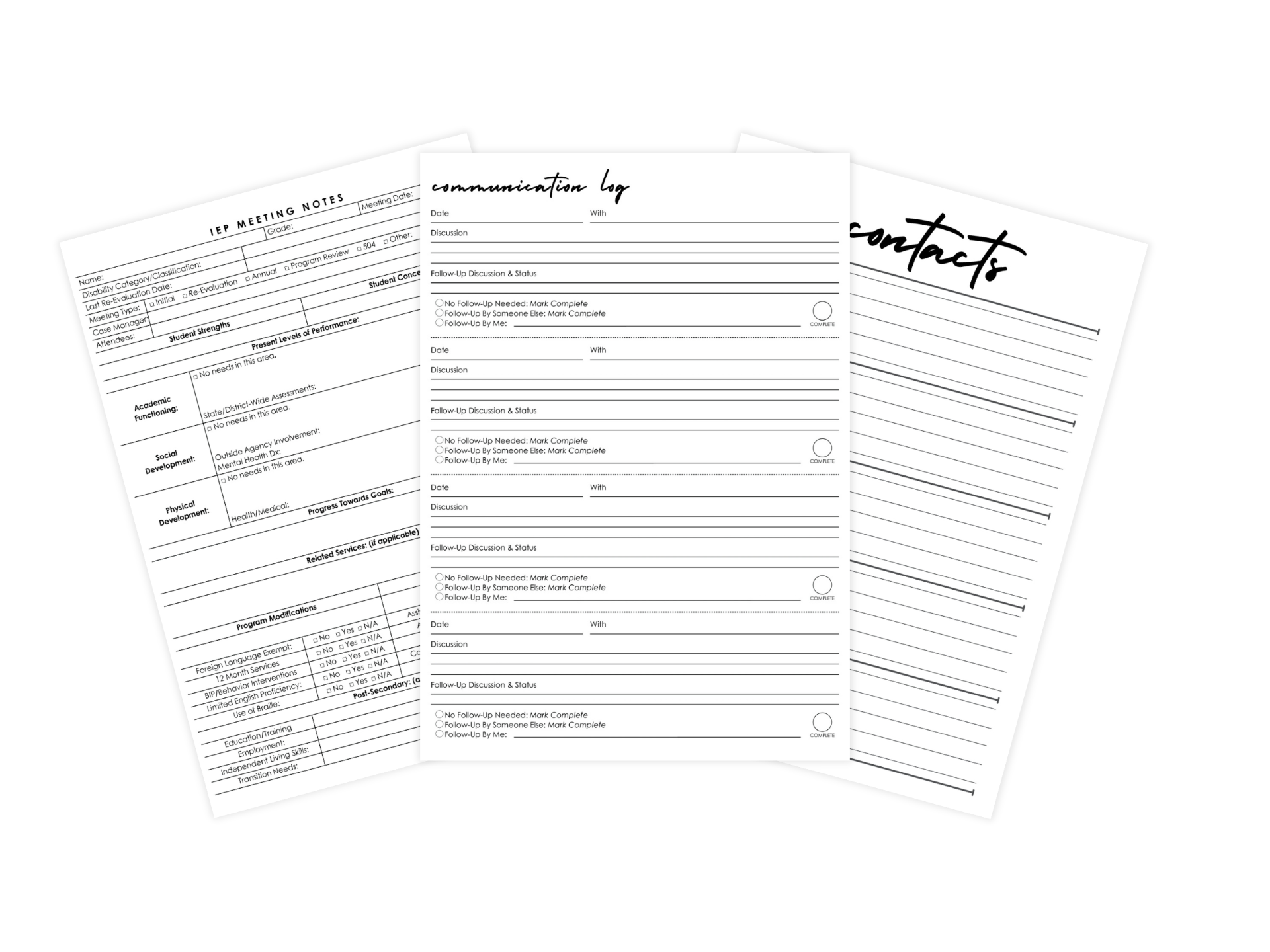 IEP meeting notes, communication log, and contacts pages