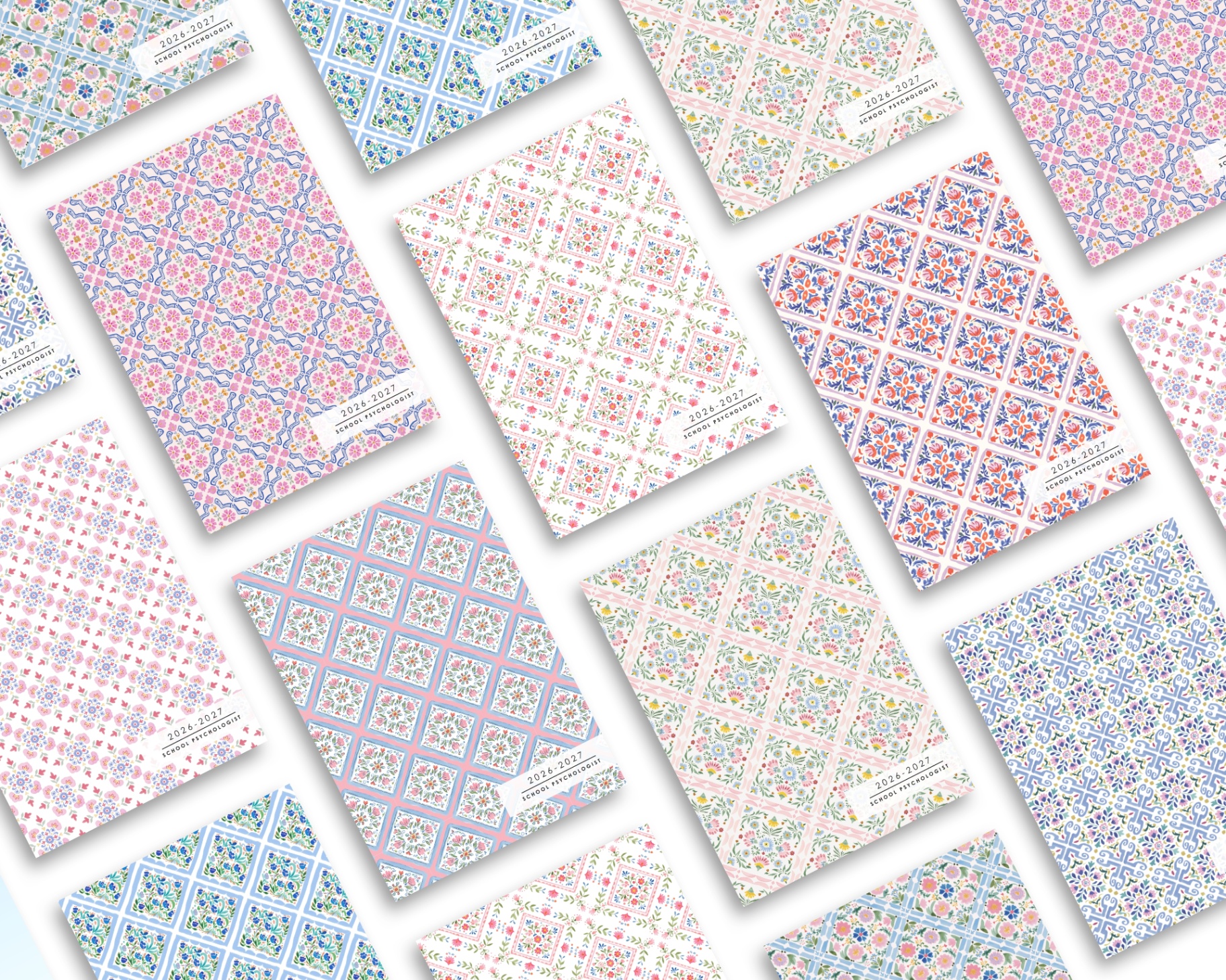 A collection of planner cover designs in florals, tiles, and patterns