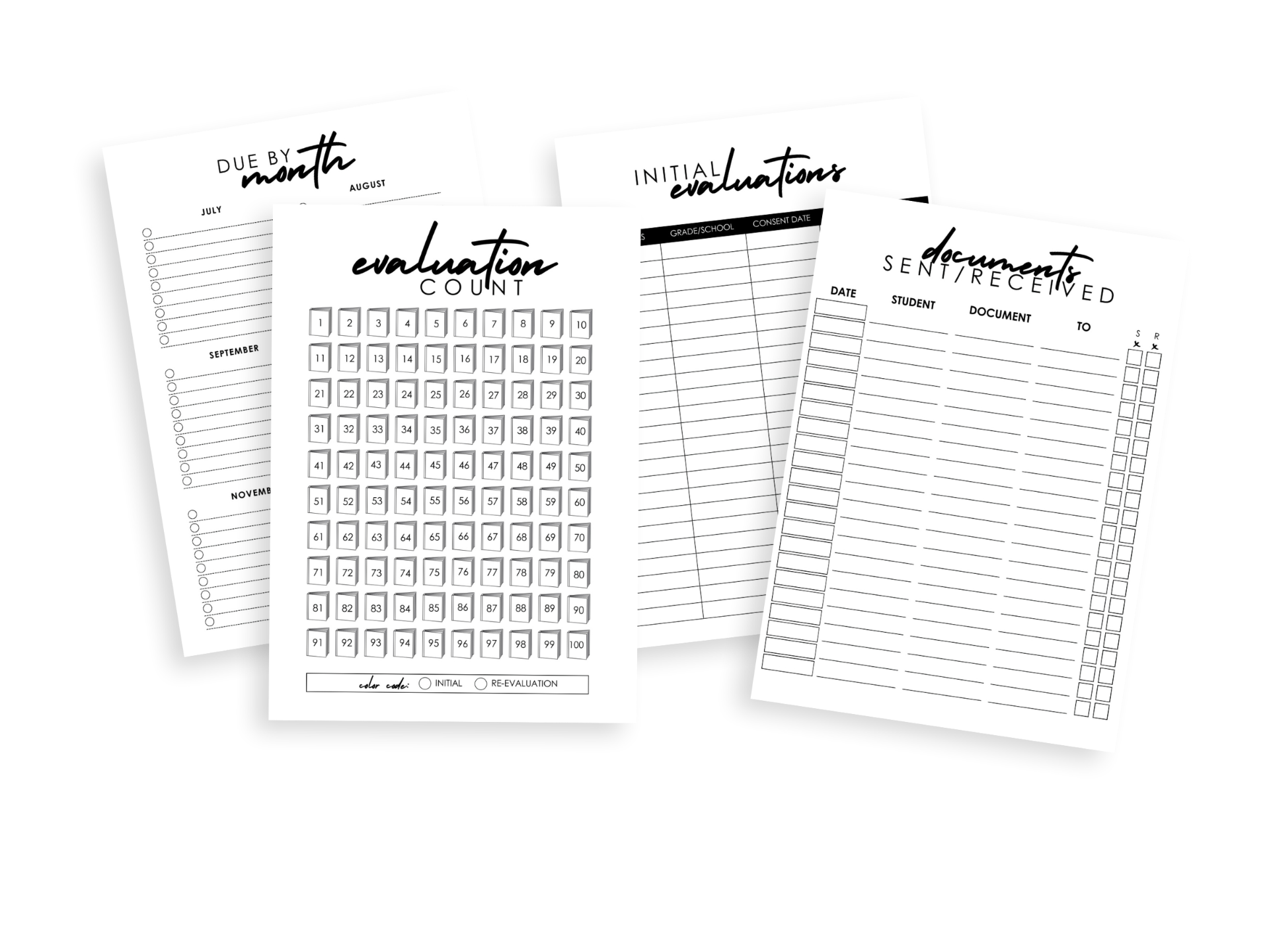 Evaluation tracking pages: due by month, evaluation count, initial evaluations, and documents sent or received