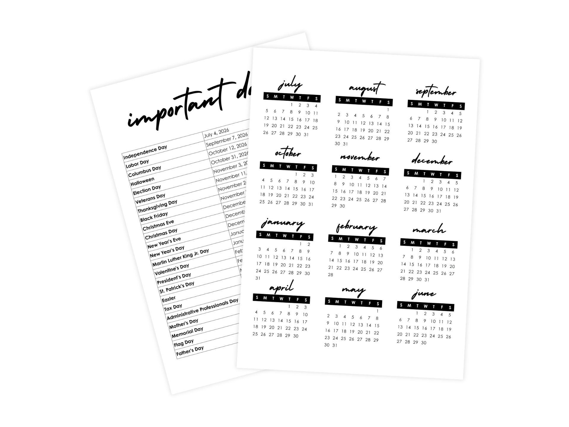 Important dates list and twelve mini monthly calendars