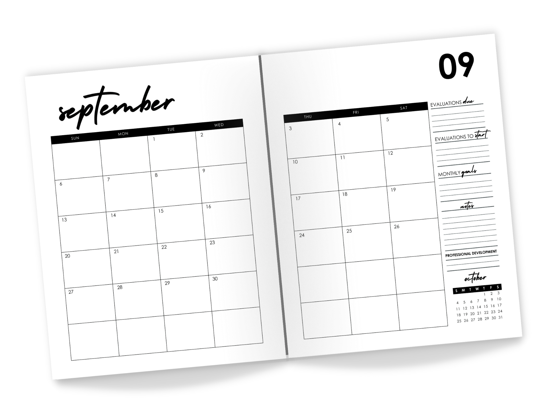 Two-page monthly calendar with side columns for evaluations due, monthly goals, and notes