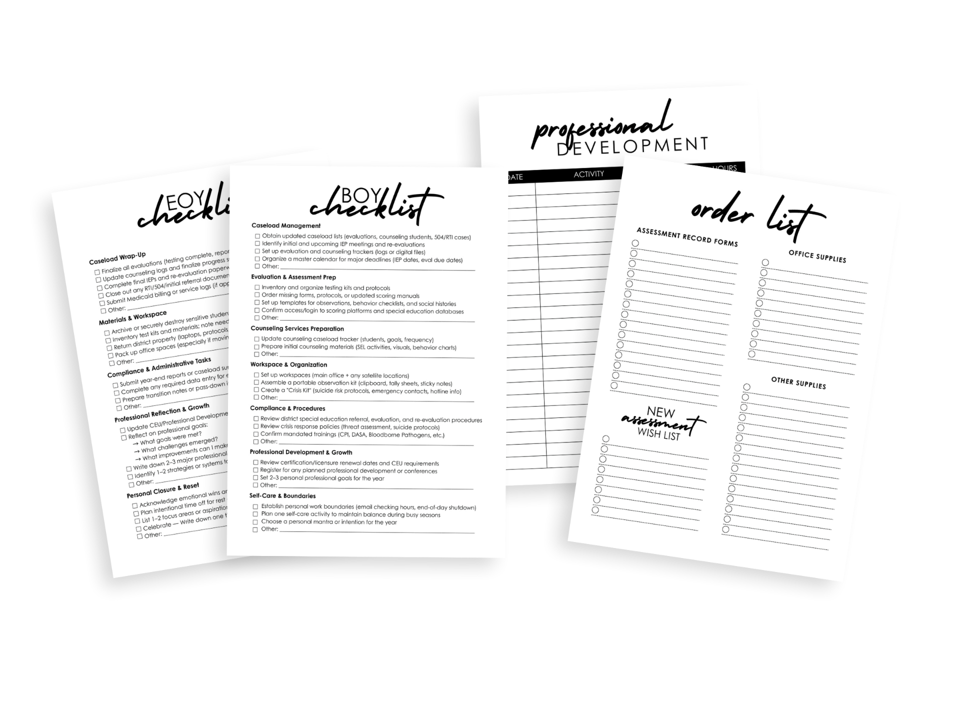 BOY checklist, EOY checklist, professional development log, and order list pages