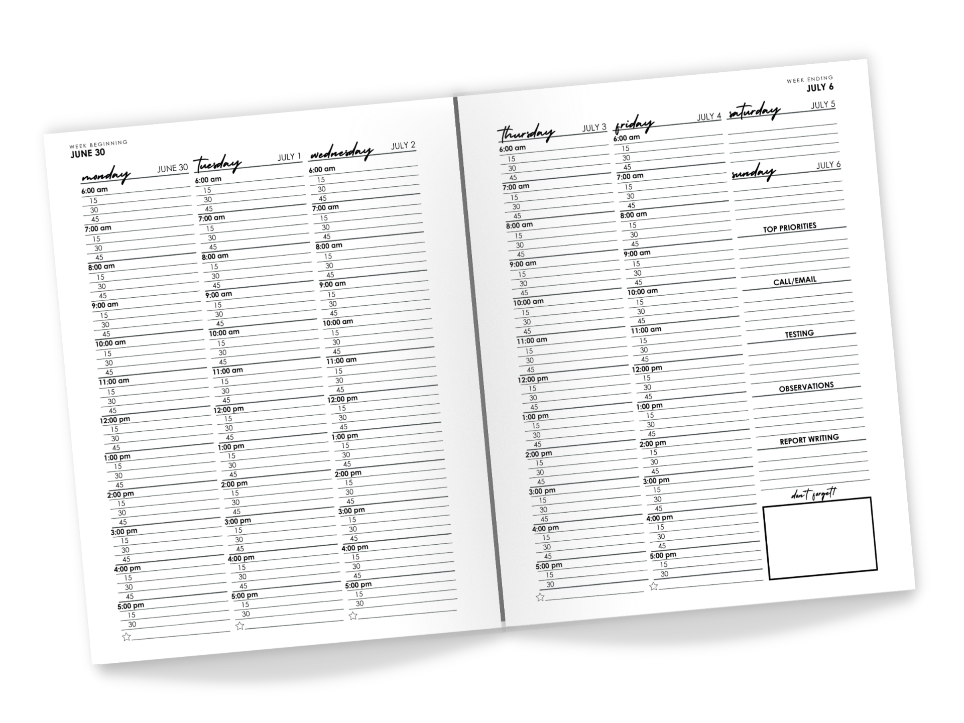 Weekly planner spread with time blocks and sections for testing, observations, and report writing